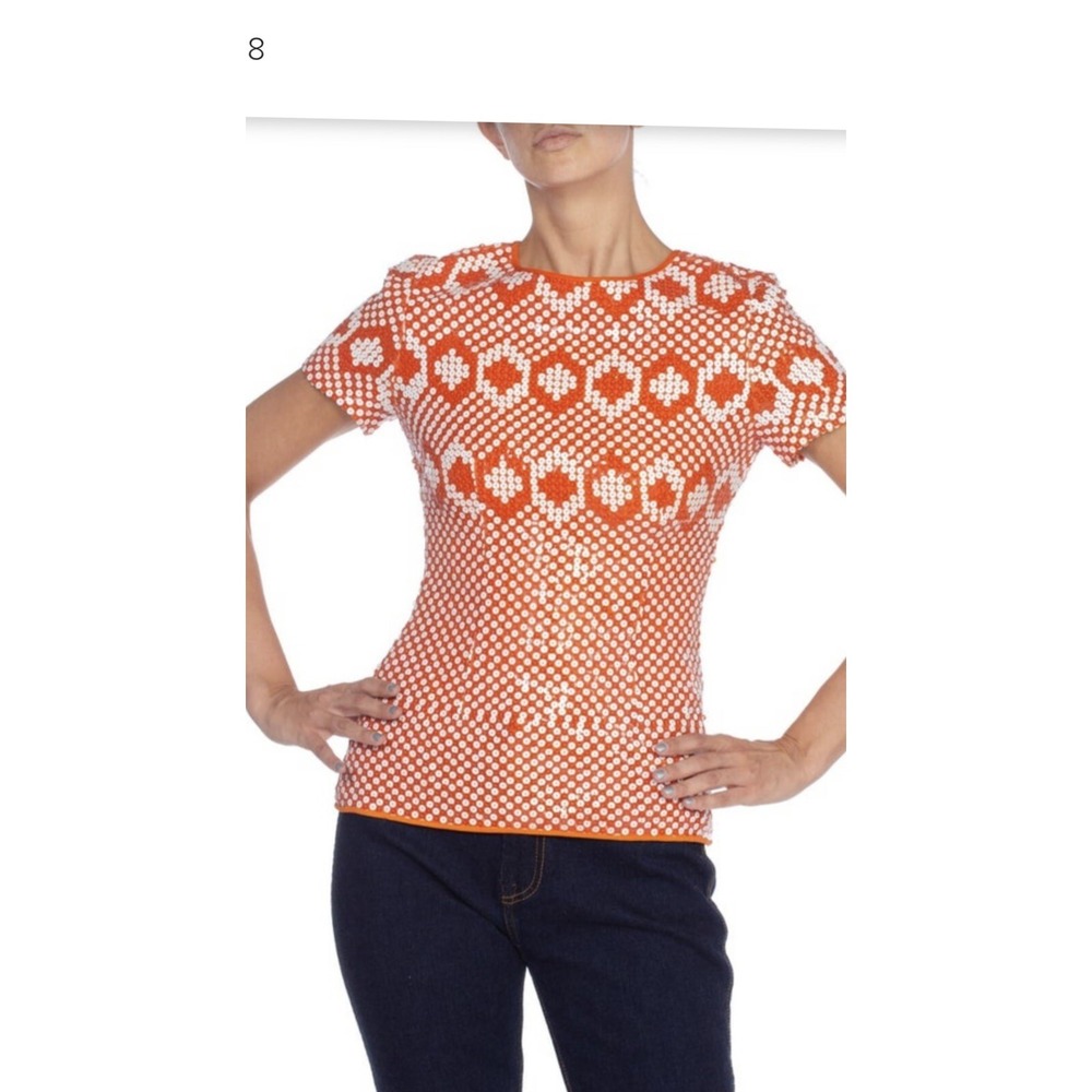 Vintage  Pierre Cardin 1960s Orange & White Sequin Geometric Silk Op Art Mod Top - Picture 5 of 9